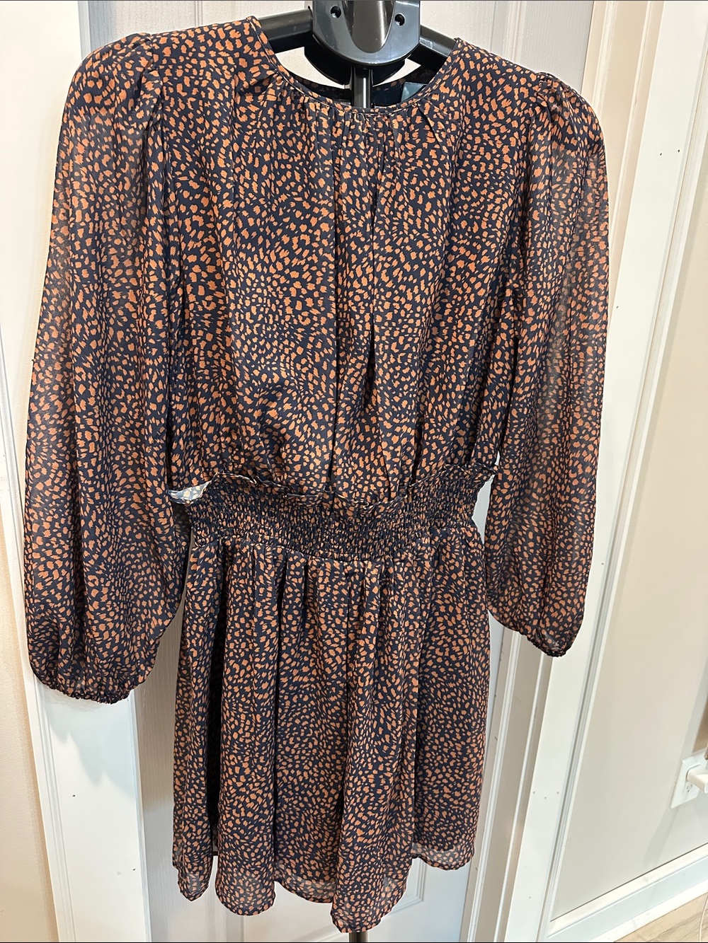 Navy Long Sleeve Smocked-Waist Dress with Tan Spot Print